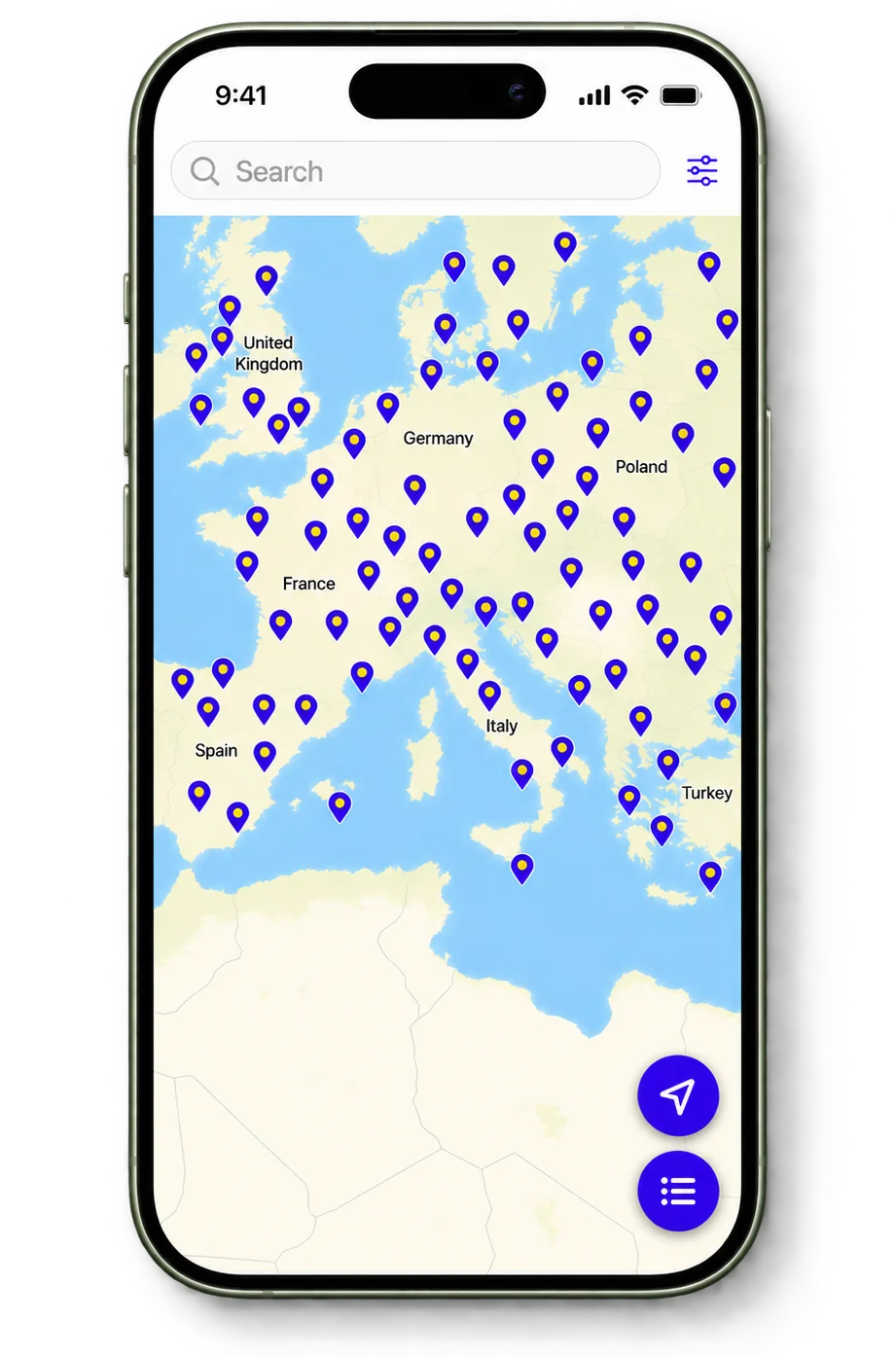 Fitual app map with partner locations across Europe
