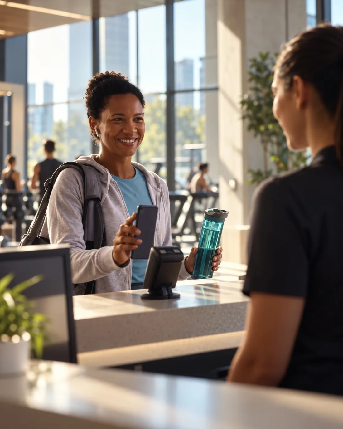 Employee showing a Fitual day pass at a gym reception