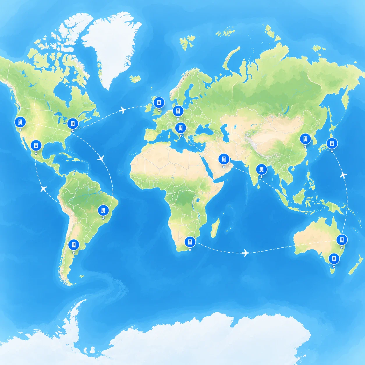World map with office pins on every continent and flight routes between them